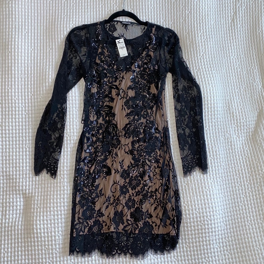 NWT Black and Nude Express Sequin and Lace Dress
